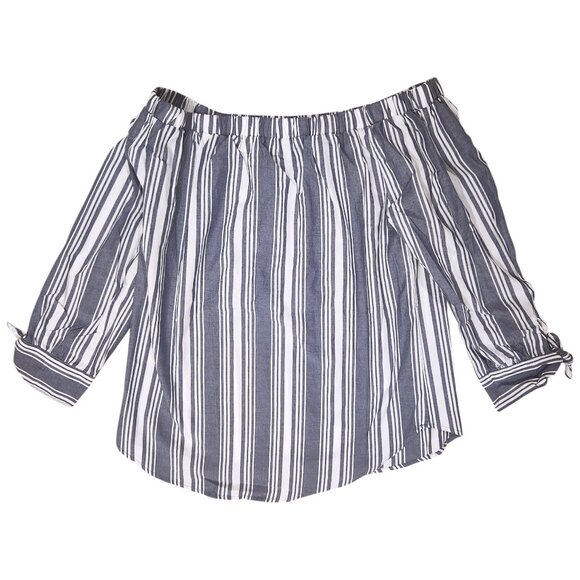 No Comment Striped Blue White Off The Shoulder Top Size Medium - Picture 2 of 6